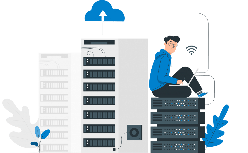 Illustration of a hosted desktop solution server with man sitting on top