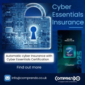 blue graphic with padlock referencing Cyber Essentials insurance