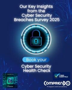 graphic showing a blue padlock referencing the cybersecurity breaches survey 2025