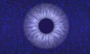 a blue graphic of an eye ball representing biometric cybersecurity - a task that Comprendo's IT support desk will handle.